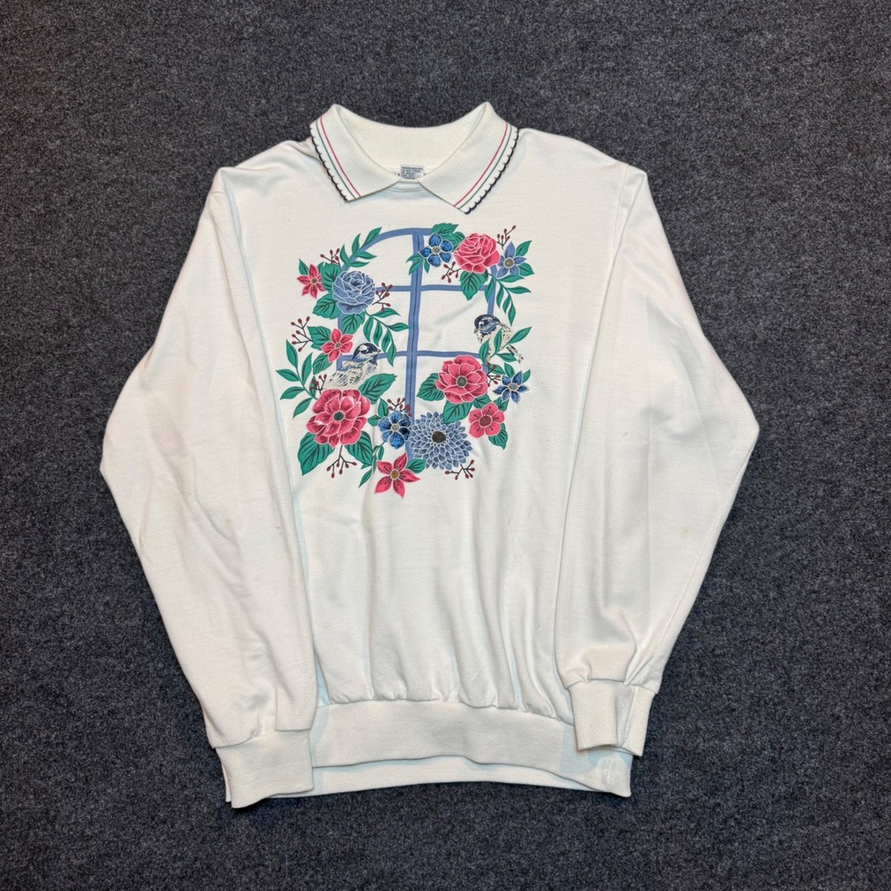 Vintage Alfred Dunner Floral Bird Graphic Sweatshirt White Polo Collar Medium